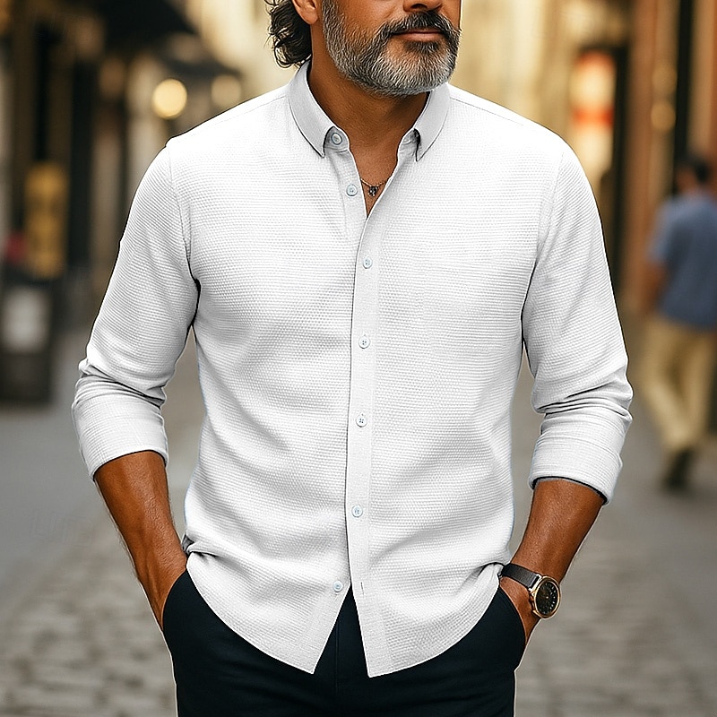 Men's Shirt Waffle Shirt Casual Shirt Button Up Shirt Untucked Shirts Black White Blue khaki Long Sleeve Plain Lapel Casual Daily Clothing Apparel Knitwear Fashion Streetwear Cool2