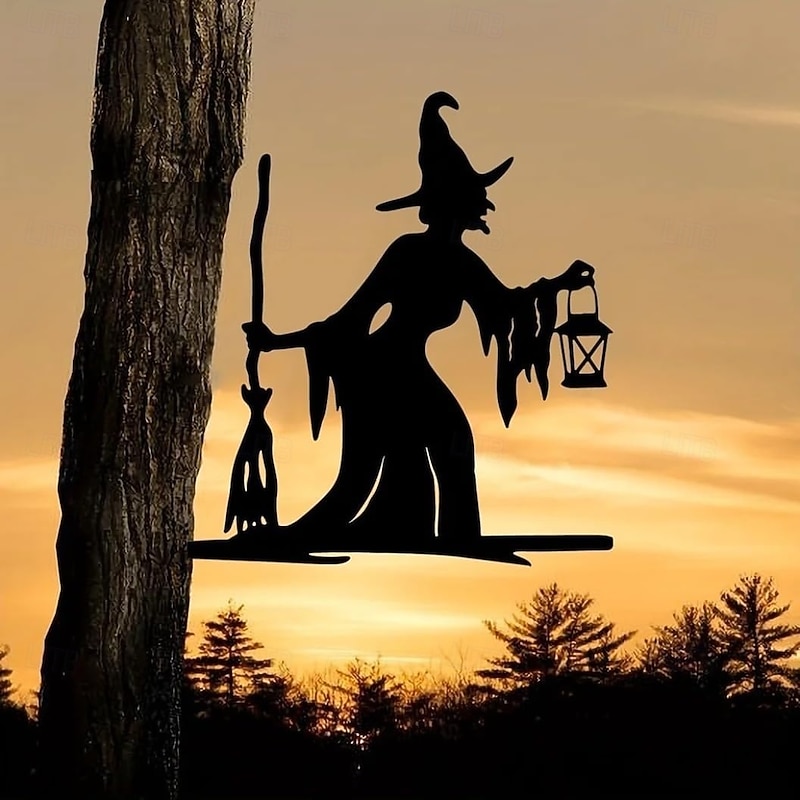 Metal Witch Silhouette Garden Stake - Intricate Branch Design Durable Outdoor Wall & Yard Decor for Halloween Birthdays