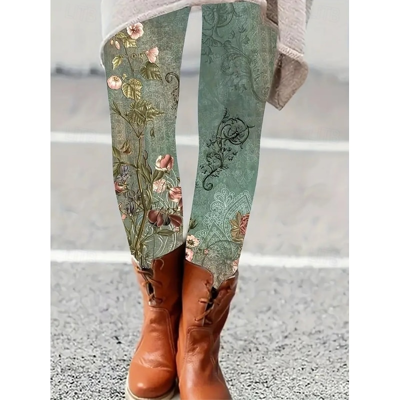 Women's Leggings Vacation Vintage Fashion Ankle-Length High Waist Floral Graphic Leaf Printing Thermal Warm Soft Breathable Stretchy Vacation Street White Green Spring Fall Winter Slim Fit