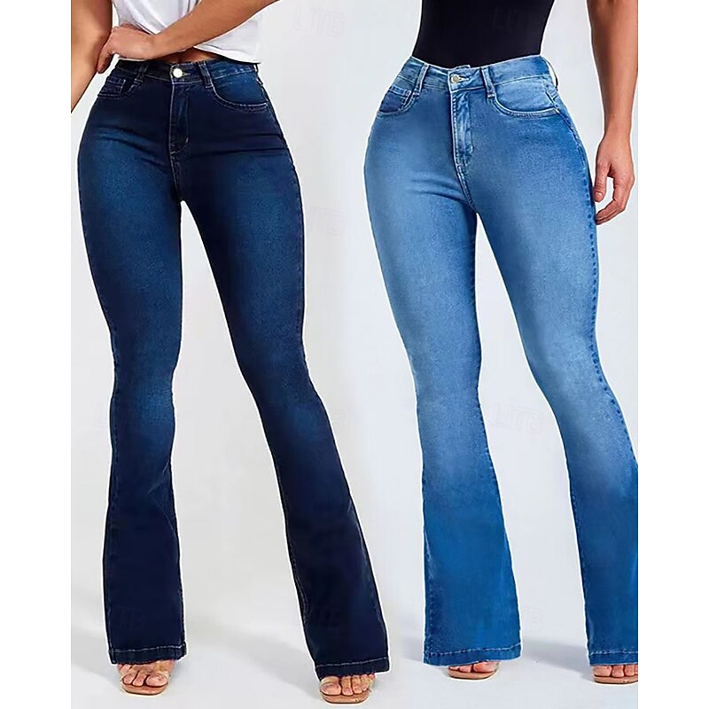 Women's Jeans Flare Bell Bottom Vacation Vintage Fashion Full Length Medium Waist Plain Pocket Buckle Comfortable Micro-elastic Outdoor Vacation Daily Deep Blue Light Blue Spring Fall Winter Regular