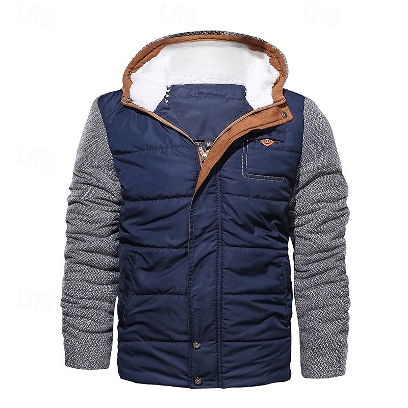 Men's Winter Jacket Fleece Jacket Casual Jacket Vacation Daily Thermal Warm Pocket Fleece Fall Winter Color Block Fashion Streetwear Hooded Regular Black Blue Jacket3