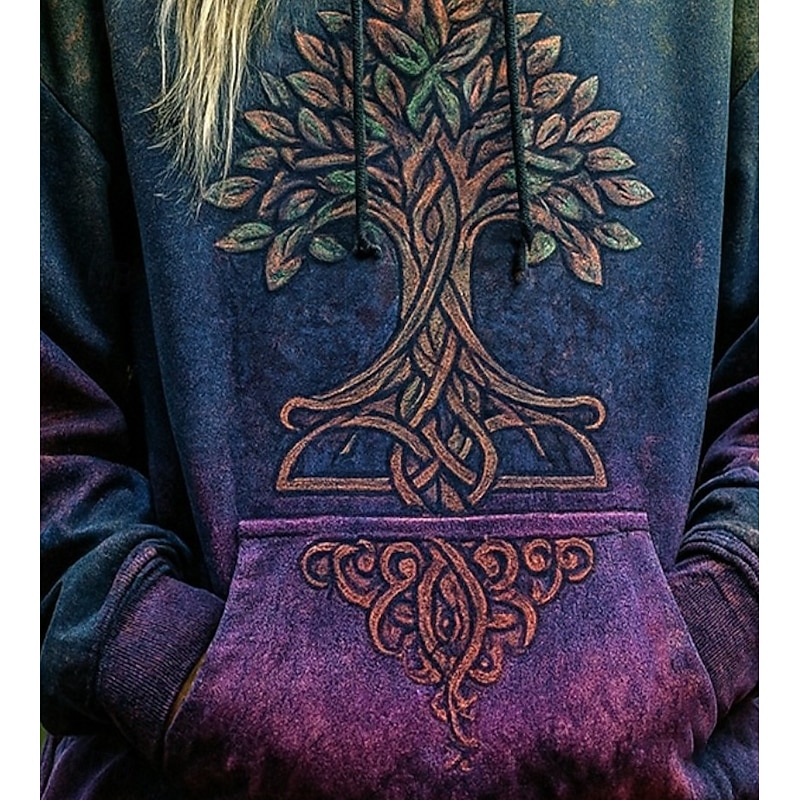 Women's 3D Print Vintage Boho Hoodie Patchwork Hoodie Sweatshirt Floral Viking Pullover Sweatshirt Floral Graphic Casual Long Sleeve Hooded  Street Print Front Pocket Purple Spring Fall Winter3