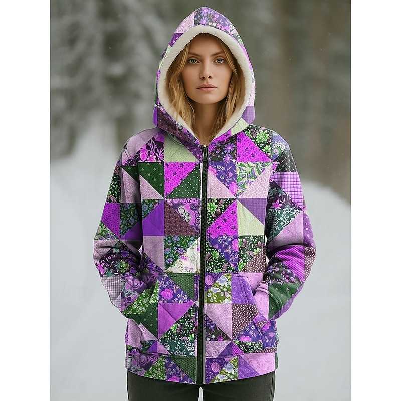 Women's Winter Coat Warm Zipper Pocket Print Fashion Casual Floral Street Casual Short Hooded Regular Fit Long Sleeve Outerwear Blue Purple Orange Spring Fall4