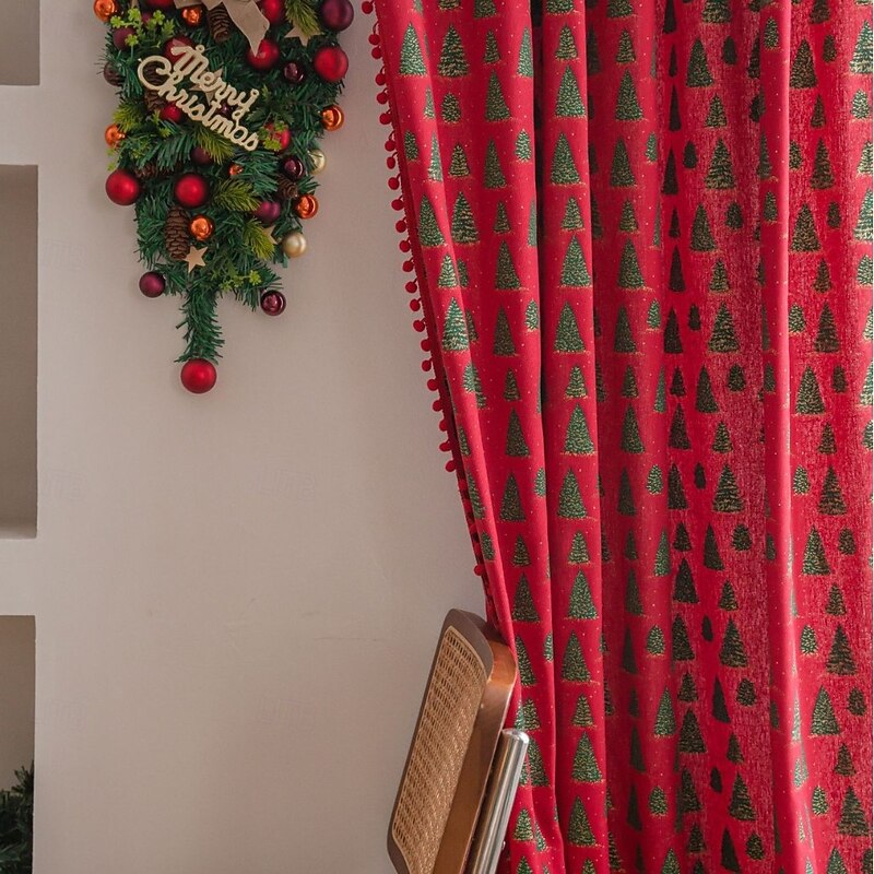 Red Christmas Window Curtain with Gold Foil Xmas Tree, Semi-Blackout Kitchen and Small Window Drapes, Balcony and Bay Window Decoration4