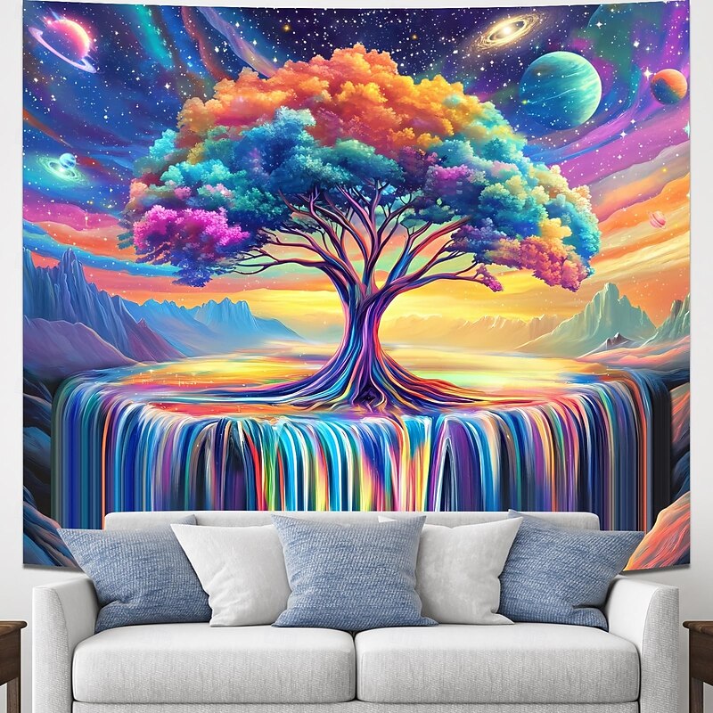 Beautiful Glowing Tree of Life Sky Planet Waterfall Landscape Hanging Tapestry Wall Art Large Tapestry Mural Decor Photograph Backdrop Blanket Curtain Home Bedroom Living Room Decoration3