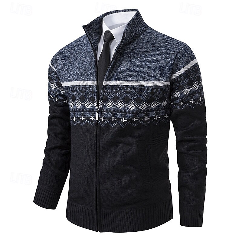 Christmas Men's Diamond Pattern Fair Isle Sweater Zip Sweater Knitwear Stand Collar Casual Vacation Home Daily Zip Up Long Sleeve Fall Winter Wine Blue Light Grey3