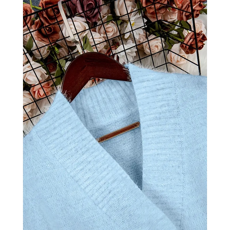 Women's Sweater Cardigan Elegant Fashion Streetwear Pure Color V Neck Pocket Knitted Long Sleeve Regular Tops Knit Outdoor Daily Weekend Light Blue Fall Winter3