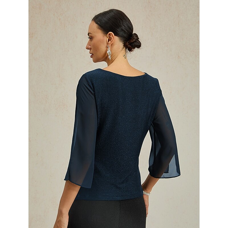 Women's Dressy Tops Solid Color Elegant Vintage Daily 3/4 Length Sleeve Crew Neck Regular Tops Wedding Guest Evening Party Date Night Outfits Glitter Navy Blue Spring, Fall, Winter, Summer4