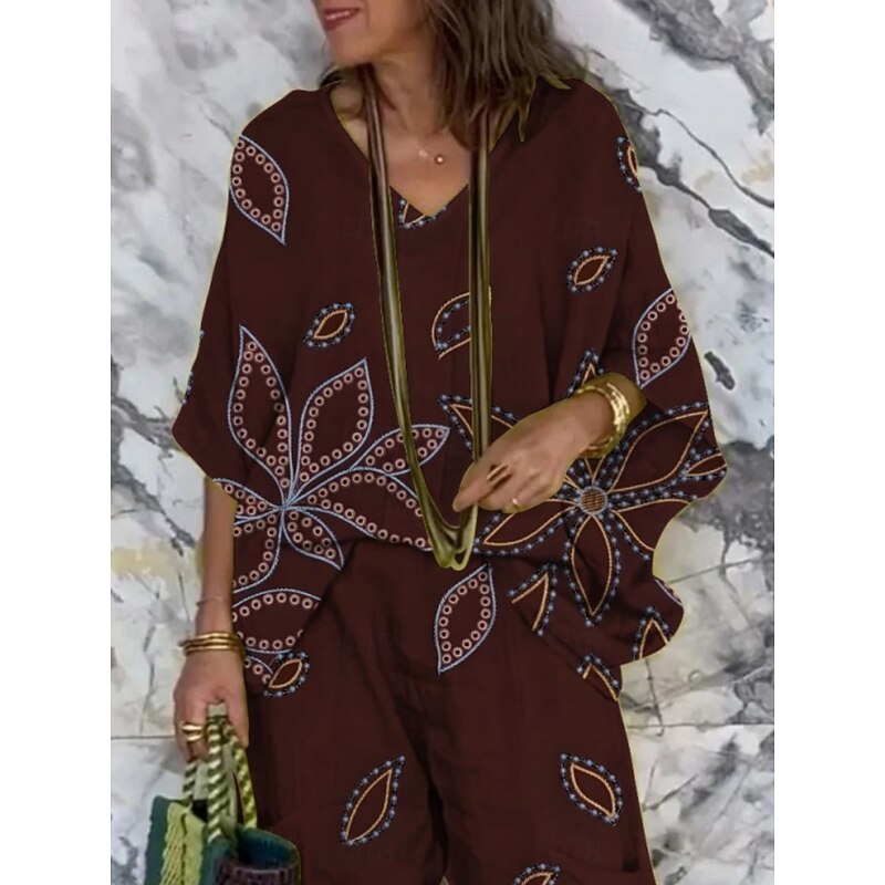 Women's Vacation Fashion Pants Sets 3/4 Length Sleeve V Neck Floral Print Vacation Daily Holiday Wine Green Summer Regular Fit2