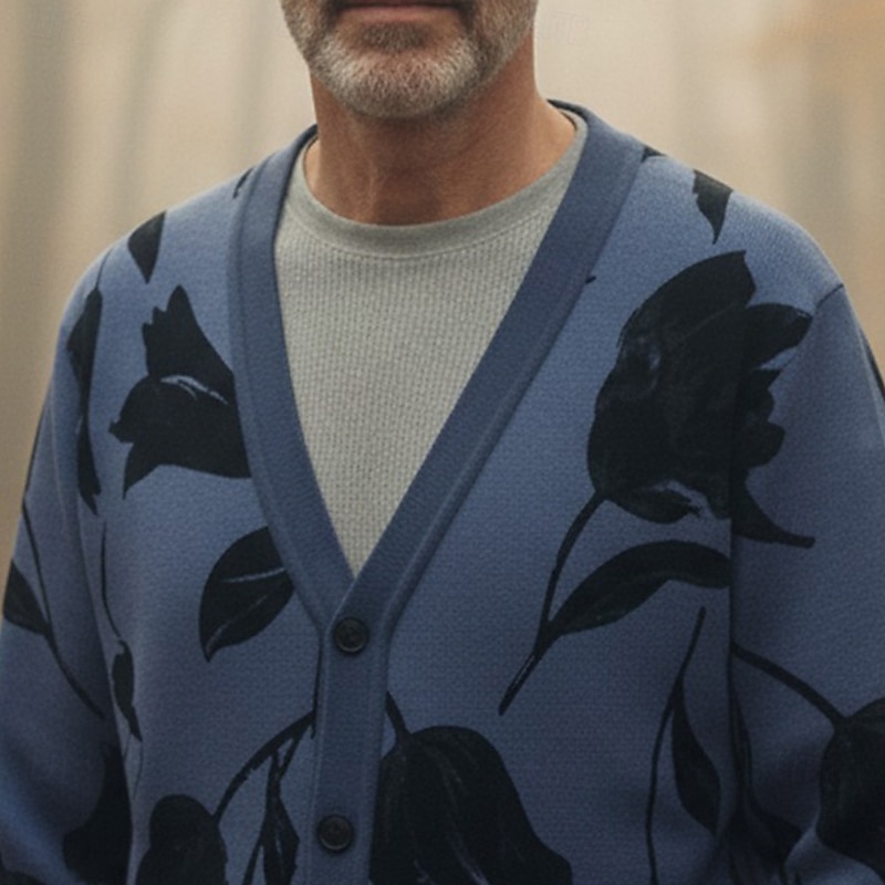 Christmas Men's Floral Botanical Flower / Plants Sweater Cardigan Sweater V Neck Retro Vintage Casual Outdoor Home Party Buckle Long Sleeve Fall Winter Blue Rose Red Grey2