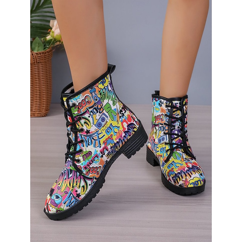 Women's Pink Floral Lace-Up Ankle Boots – Stylish Spring Fashion Combat Boots for Casual Outfits3