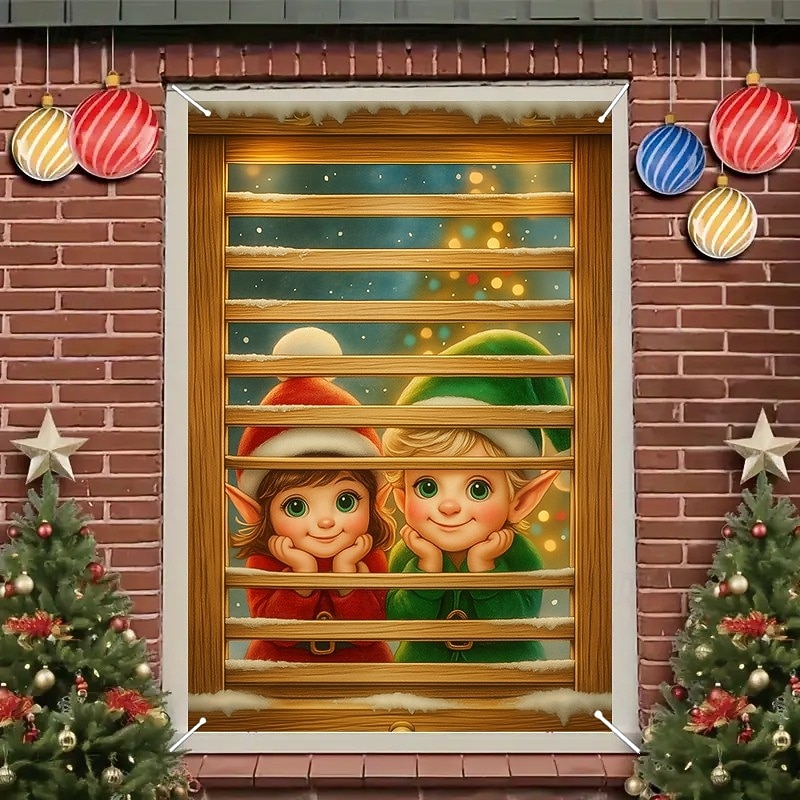 Christmas Children by Window Curtain, 2025 Xmas Festive Winter Window Curtain Door Cover, Holiday Home Decoration for Party, Living Room, Front Door3
