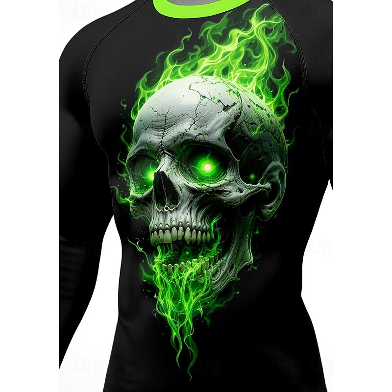 Men's Compression Shirt Running Shirt 3D Print Long Sleeve Base Layer Skull Quick Dry Compression Power Flex Moisture Wicking Gym Workout Active Training Exercise Sportswear Activewear Green3