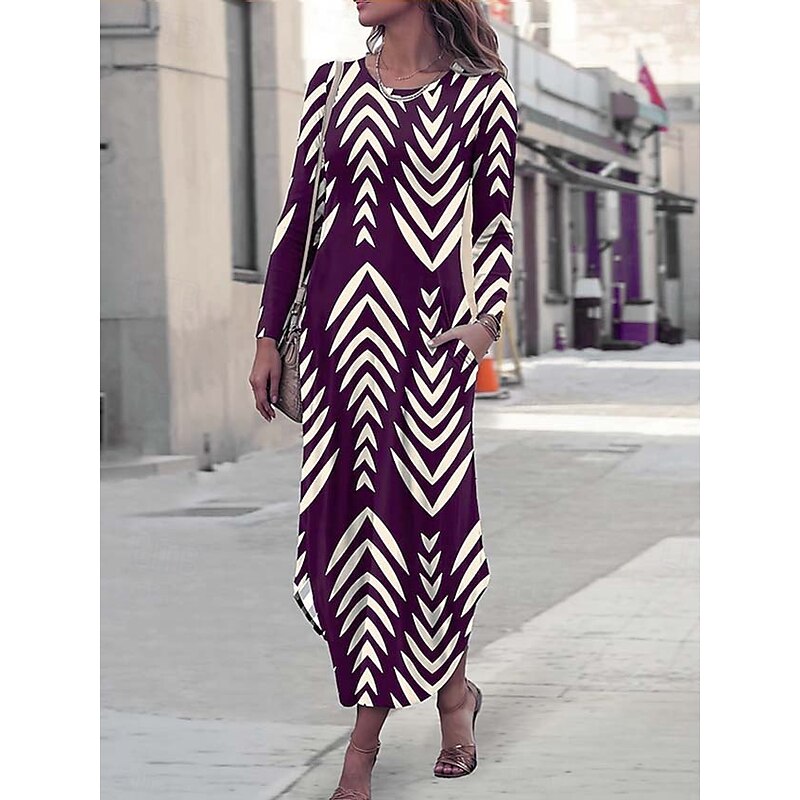 Women's Maxi Dress Sheath Dress T Shirt Dress Tee Dress Vacation Casual Boho Holiday Date Regular Fit Graphic Geometric Abstract Long Sleeve Crew Neck Crewneck Blue Purple Green Spring Fall Winter3