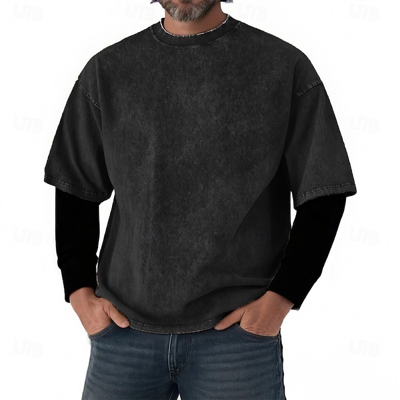 Men's T Shirt Tee Tee Top Long Sleeve Shirt Long Sleeve Crew Neck Spring Fall Color Block Fashion Designer Basic 2 in 1 Vacation Street Going out Black Khaki Gray Top Tee for Men3