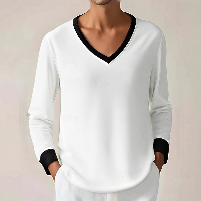 Men's T Shirt Tee Tee Top Long Sleeve Shirt Long Sleeve V Neck Spring Fall Color Block Fashion Designer Basic Patchwork Vacation Street Going out White Top Tee for Men