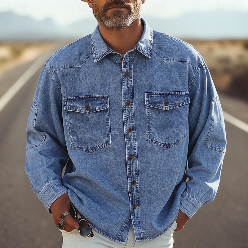 Men's Shirt Summer Shirt Casual Shirt Button Up Shirt Denim Shirt Black Blue Long Sleeve Plain Lapel Vacation Hawaiian Front Pocket Clothing Apparel Polyester Fashion Casual Comfortable3