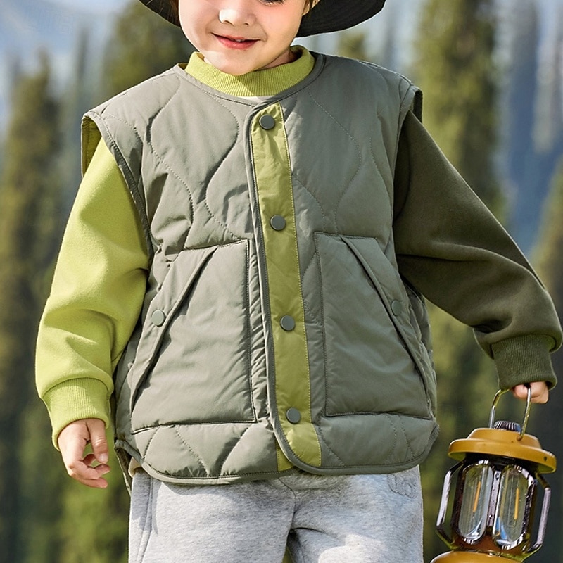 Kids Unisex Vest Coat Outerwear Color Block Sleeveless Buttons Keep Warm Soft Breathable Coat Outdoor Fashion Daily Green Fall Winter 4 years+3