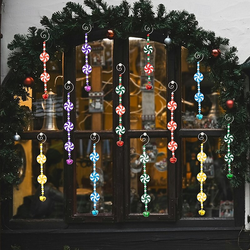 6Pcs Christmas Candy Cane Ornaments, Red and White Lollipop Hanging Decorations with Curly Bells & Beads, Festive Candy Stick Ornaments for Christmas Tree Decor3