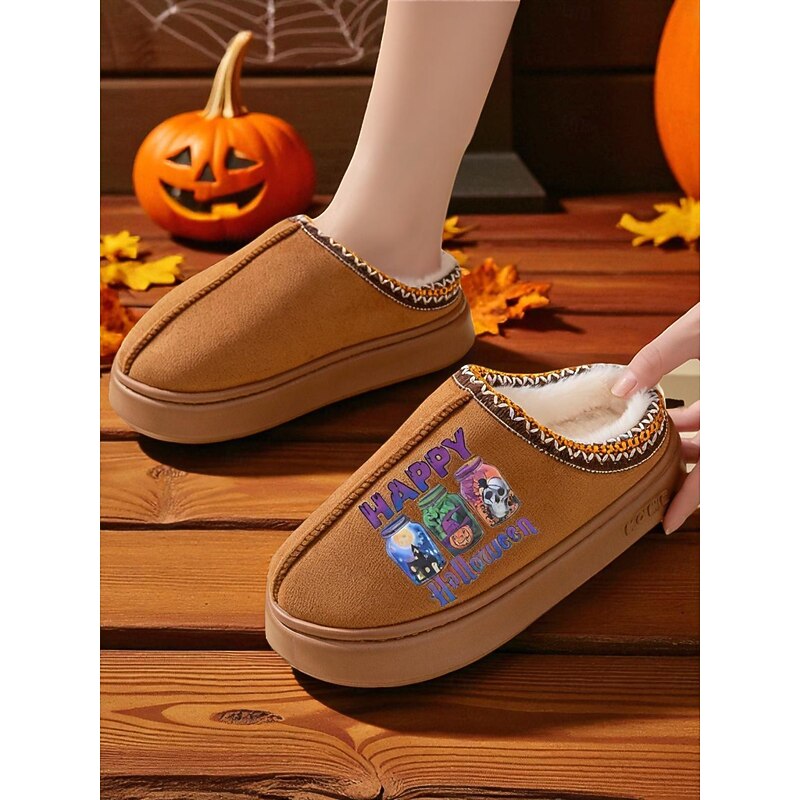 Women's Halloween Fleece Slippers – Cozy Indoor House Shoes with "Happy Halloween" Print, Warm Plush Lining for Home and Holiday Parties2