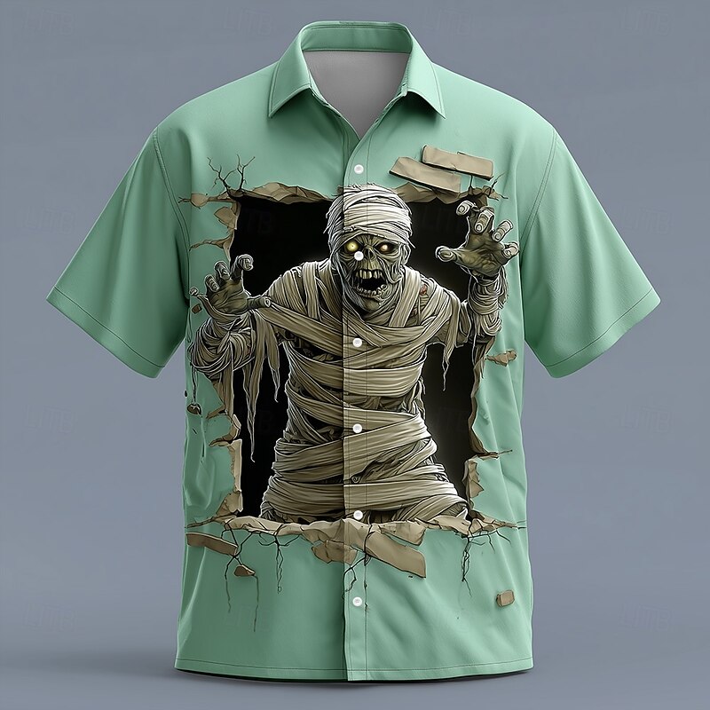 Halloween Men's Zombies Mummy Cracked Wall Shirt Button Up Shirt Short Sleeve Dark Gothic Style Holiday Streetwear Summer Spring Turndown 3D Print Collared Shirts Light Green Green2