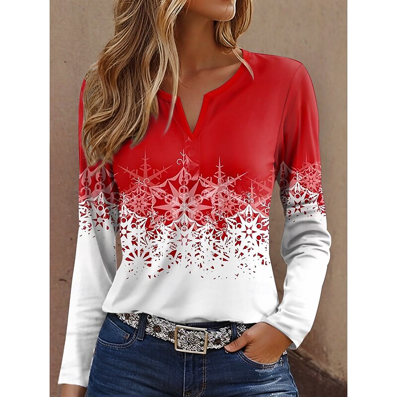 Christmas Women's T Shirt Graphic Snowflake Vintage Modern Long Sleeve Notched Neck Regular Tops Daily Weekend Print Black Red Purple Spring Fall Winter3