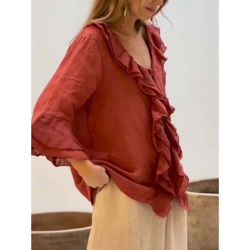 Women's Shirt Solid Color Stylish Casual Long Sleeve V Neck Regular Tops Daily Ruffle White Yellow Red Brown Green Summer Spring Fall3