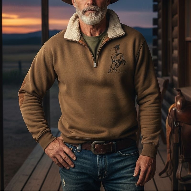 Men's Sweatshirt Quarter Zip Sweatshirt Black Navy Blue Brown Gray Half Zip Color Block Horse Patchwork Sports & Outdoor Daily Holiday Polyester Vintage Basic Casual Fall & Winter Clothing Apparel