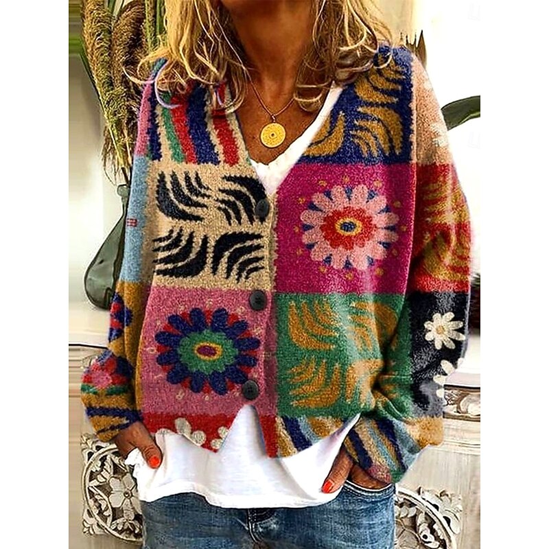 Women's Sweater Cardigan Elegant Vintage Fashion Floral Graphic Geometric V Neck Pocket Knitted Print Long Sleeve Regular Tops Knit Outdoor Daily Weekend Red Brown Blue Fall Winter