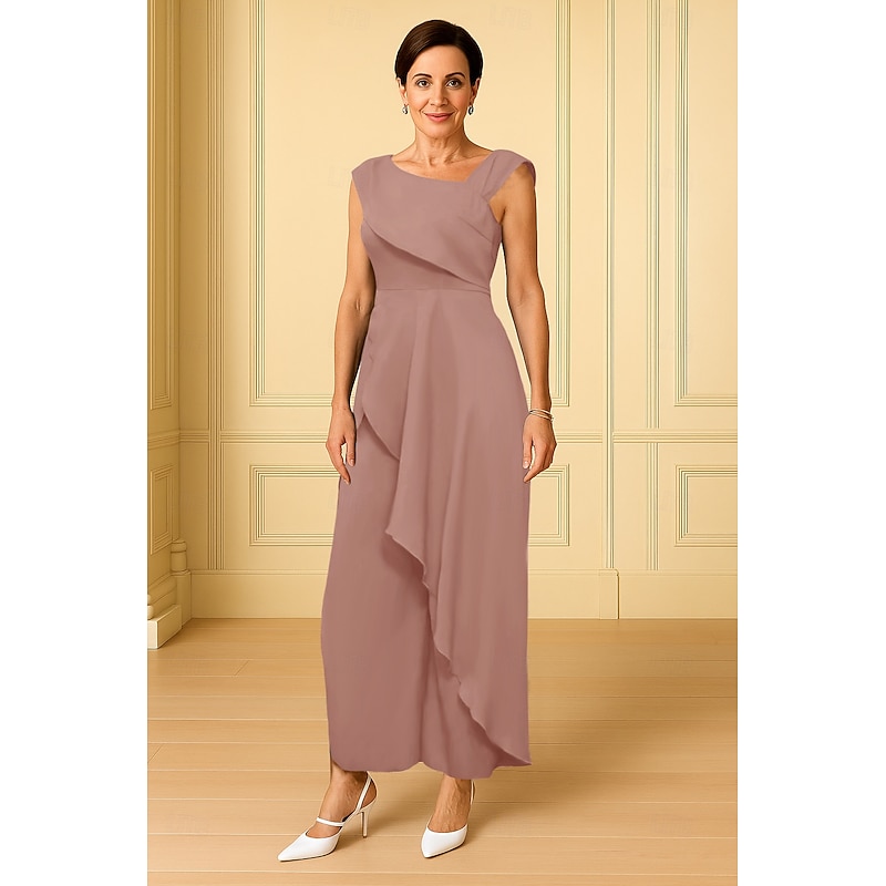 Jumpsuits A-Line Mother of the Bride Dress Elegant Simple V Neck Floor Length Ankle Length Chiffon Stretch Fabric Sleeveless with Solid Color3
