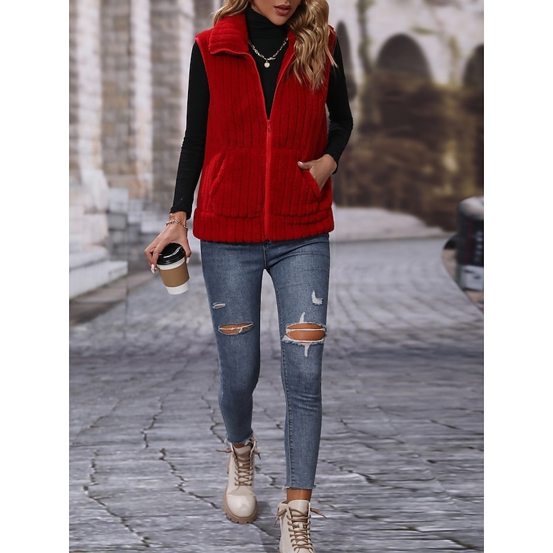Women's Fleece Vest Comfortable Breathable Zipper Buttons Casual Plain Vacation Street Casual Daily Wear Zipper Regular Stand Collar Regular Fit Sleeveless Outerwear Black Red Apricot Spring Fall4