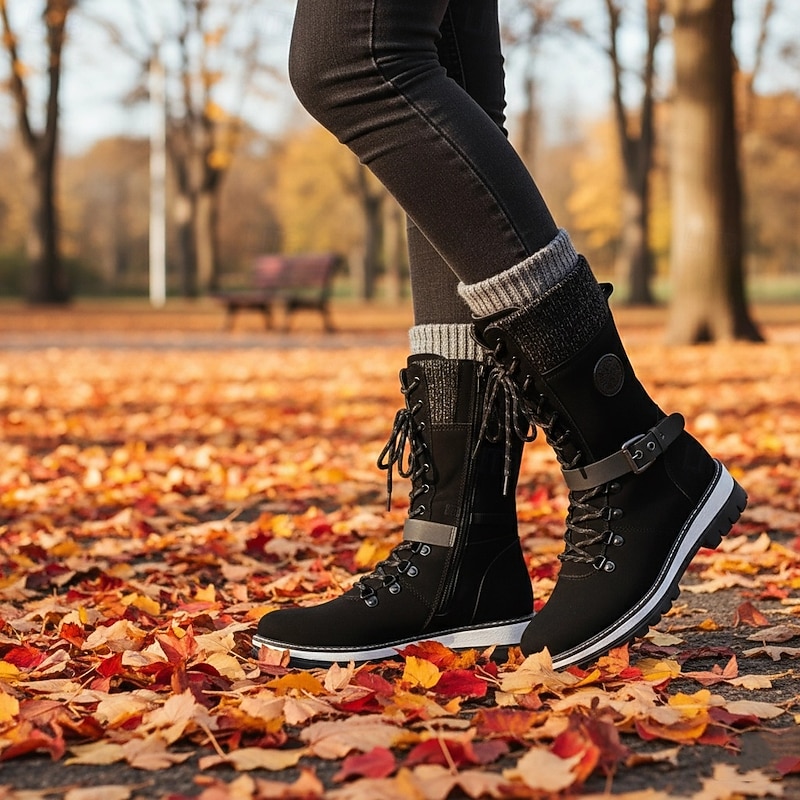 Women's Winter Lace-Up Snow Boots with Knit Cuff – Warm Waterproof Outdoor Combat Boots with Side Zipper and Anti-Slip Sole for Cold Weather and Hiking