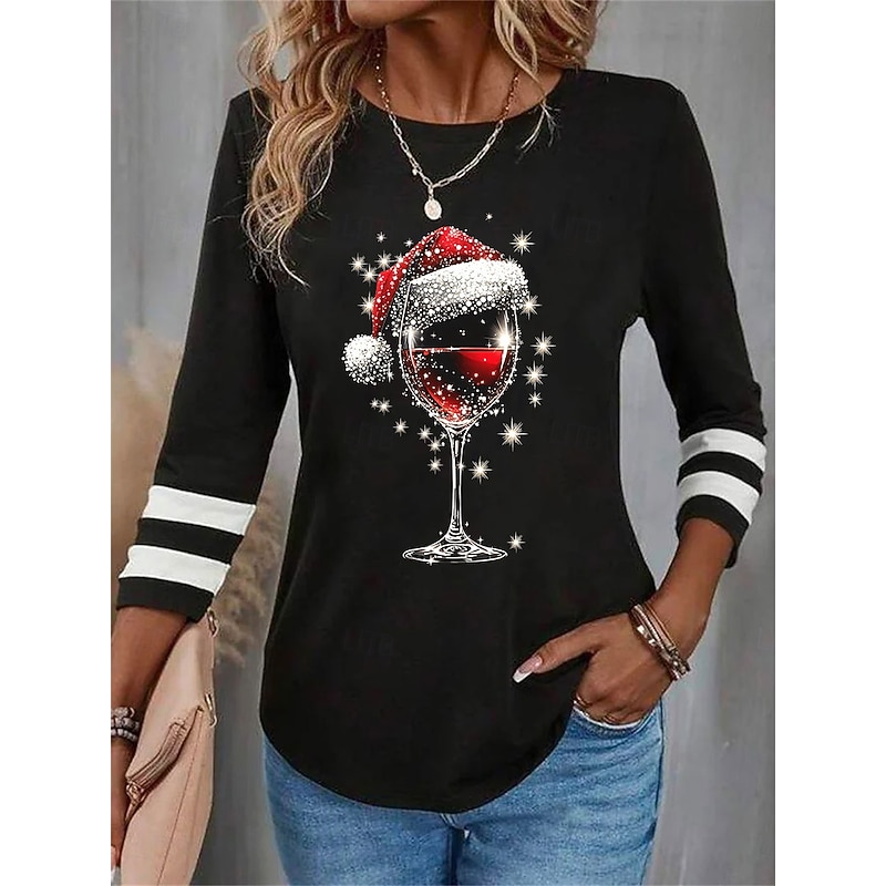 Christmas Women's T Shirt Graphic Wine Glass Vintage Fashion Stylish Long Sleeve Crew Neck Round Neck Regular Tops Daily Weekend Print Black Wine Blue Purple Green Fall Winter