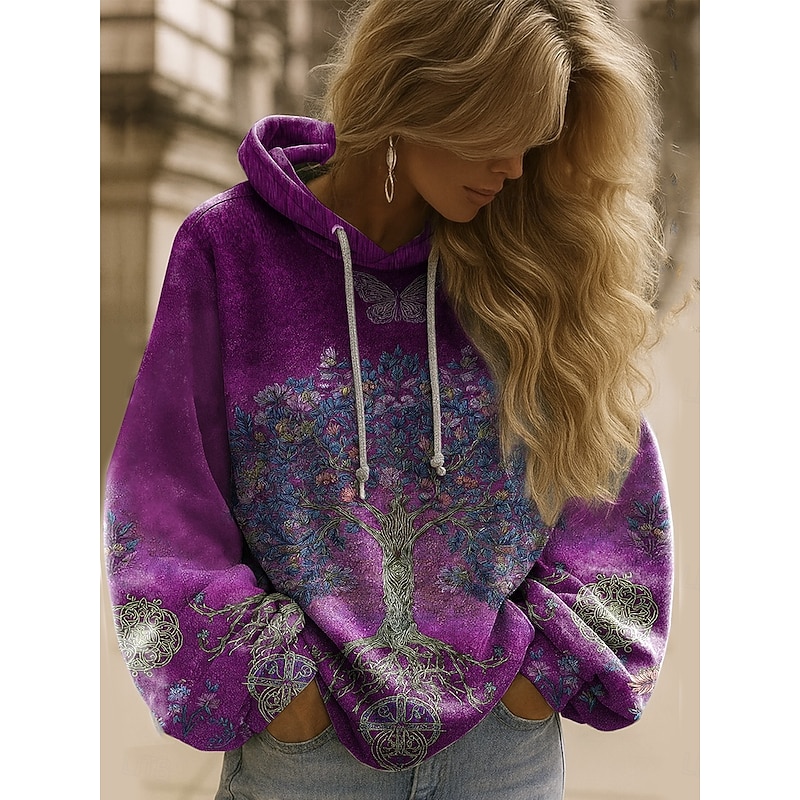 Women's Pullover Hoodie Sweatshirt Floral Graphic Elegant Warm Active Long Sleeve Hooded Regular Tops Street Dailywear Casual Patchwork Print Red Blue Purple Fuchsia Green Spring Fall Winter4