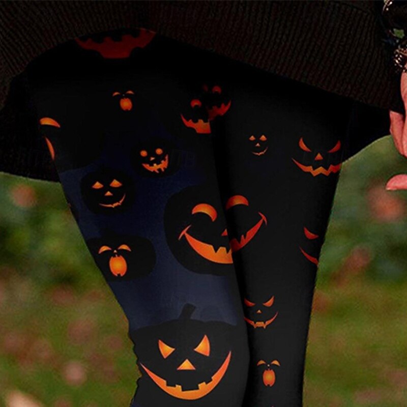 Women's Leggings Cozy Leggings Ethnic Style Basic Casual Full Length High WaistPantsHalloween Graphic Pumpkin Printing Thermal Warm Comfortable Stretchy Vacation Casual Daily Black Fall Winter Slim2