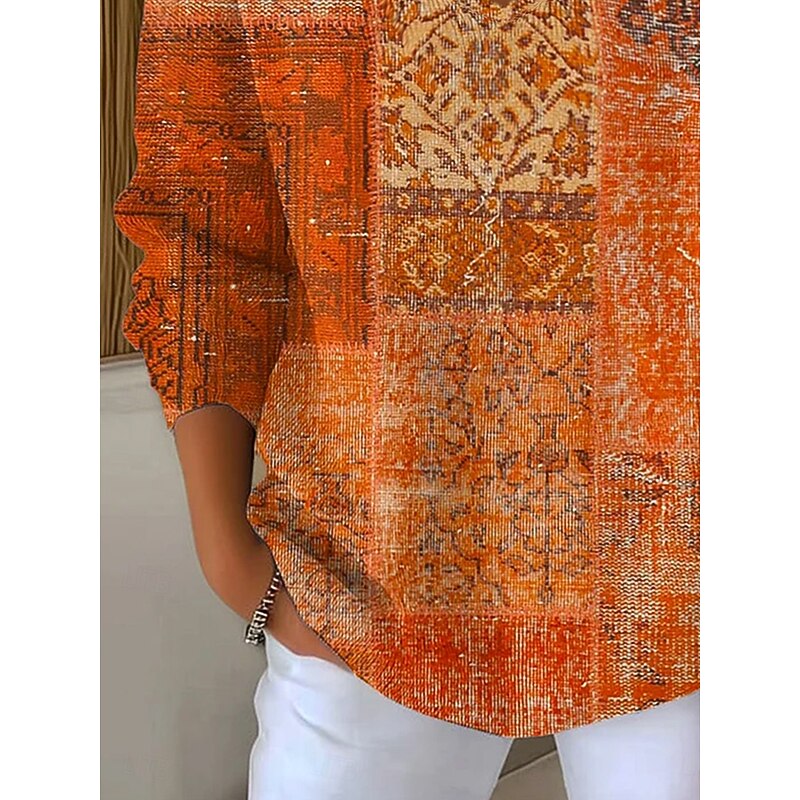 Women's T Shirt Graphic Geometric Tribal Elegant Fashion Casual Long Sleeve V Neck Regular Tops Daily Weekend Print Orange Spring Fall Winter3