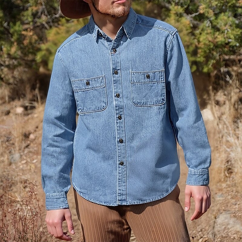 Men's Shirt Casual Shirt Button Up Shirt Denim Shirt Dark Blue Light Blue Long Sleeve Plain Lapel Vacation Hawaiian Pocket Clothing Apparel Polyester Fashion Casual Comfortable