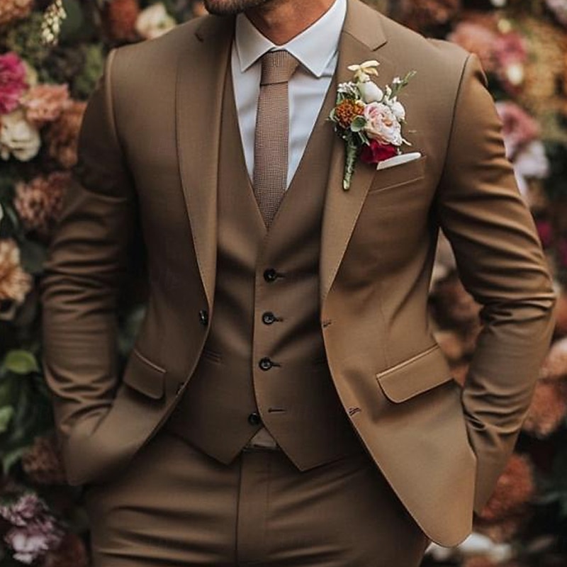 Men's Wedding Business Party Suits Notch Lapel Brown Daily Formal Solid Colored Slim Fit 3 Piece Single Breasted Two-buttons2