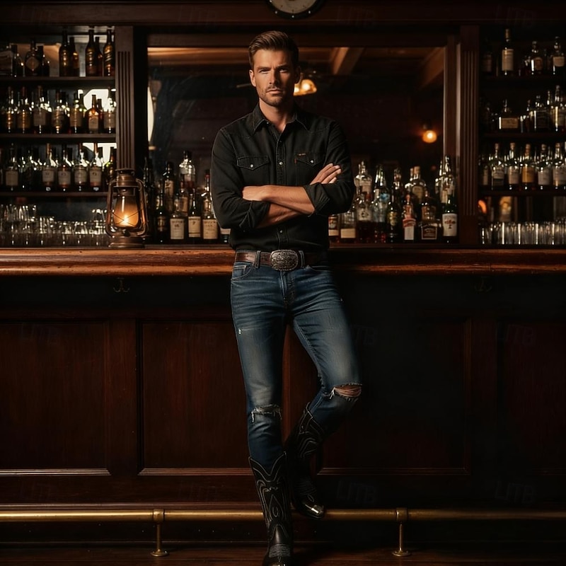 Men's Black Leather Western Boots with Silver Toe Cap and Decorative Stitching – Stylish Cowboy Boots for Rodeos, Country Events & Casual Wear4