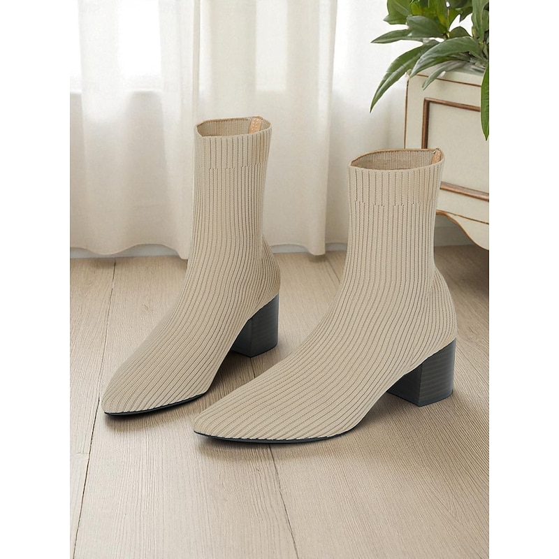 Women's Beige Knit Sock Ankle Boots with Block Heels – Stretch Pointed Toe Booties for Casual Daily Wear and Fall Outfits4