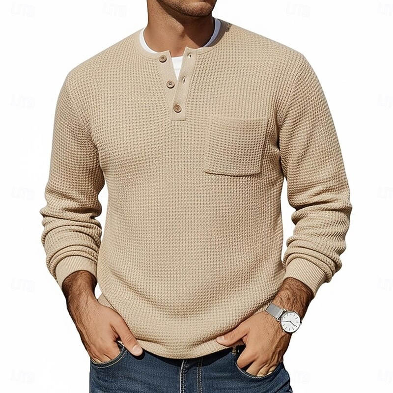 Men's Waffle T-shirt T Shirt Waffle Henley Shirt Long Sleeve Henley Winter Spring &  Fall Solid Color Traditional / Vintage Pockets Plain Outdoor Home Sports & Outdoor Navy Blue Blue Purple Top Tee4