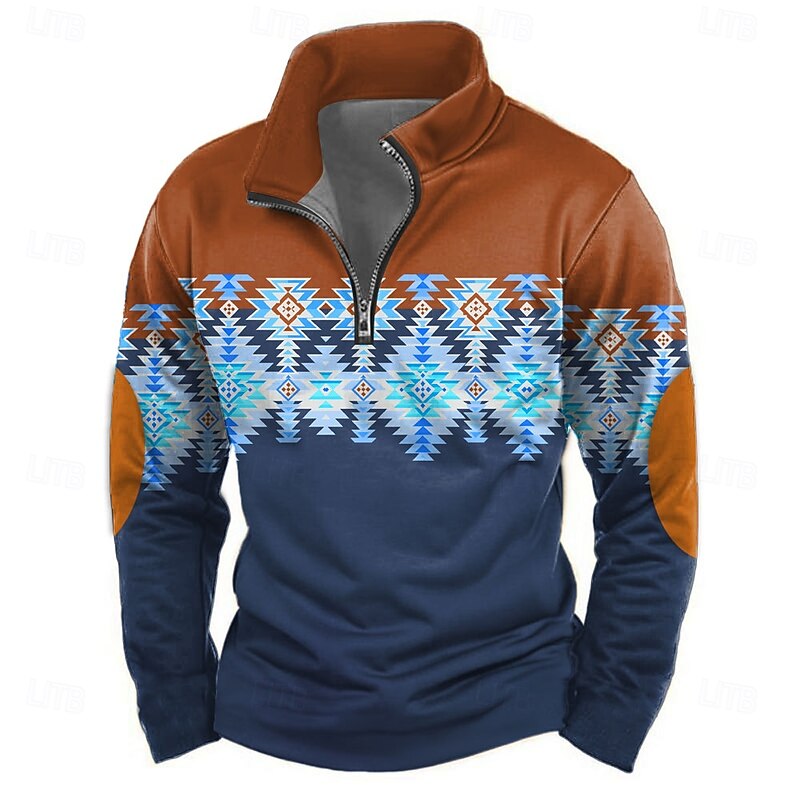 Men's Bandana Print Sweatshirt Ethnic Vintage Retro High Neck Outdoor Sports Outdoor Blue Khaki Zipper Quarter Zip Fall Winter Designer2
