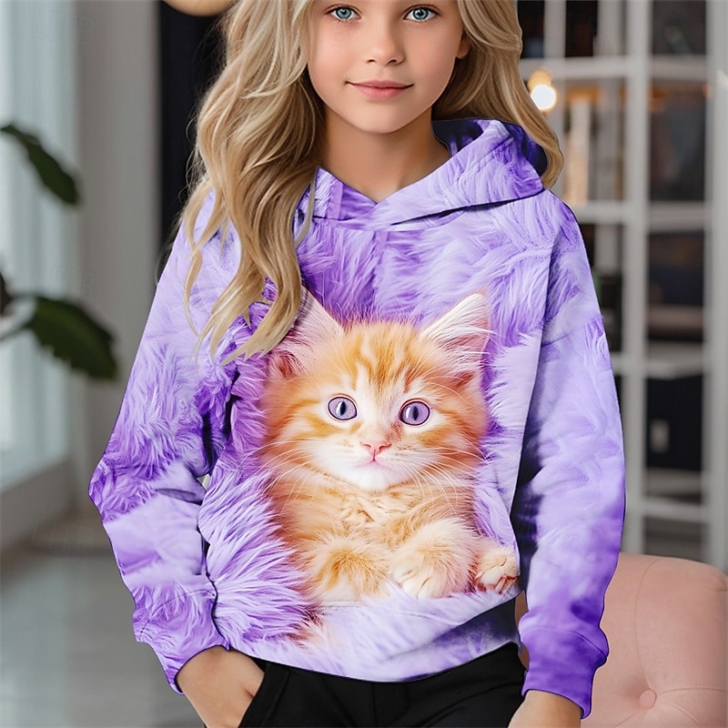 Girls' 3D Cat Hoodie Long Sleeve Fall Winter Fashion Adorable Basic Kids 4-12 Years Hooded Outdoor Casual Daily Regular Fit4