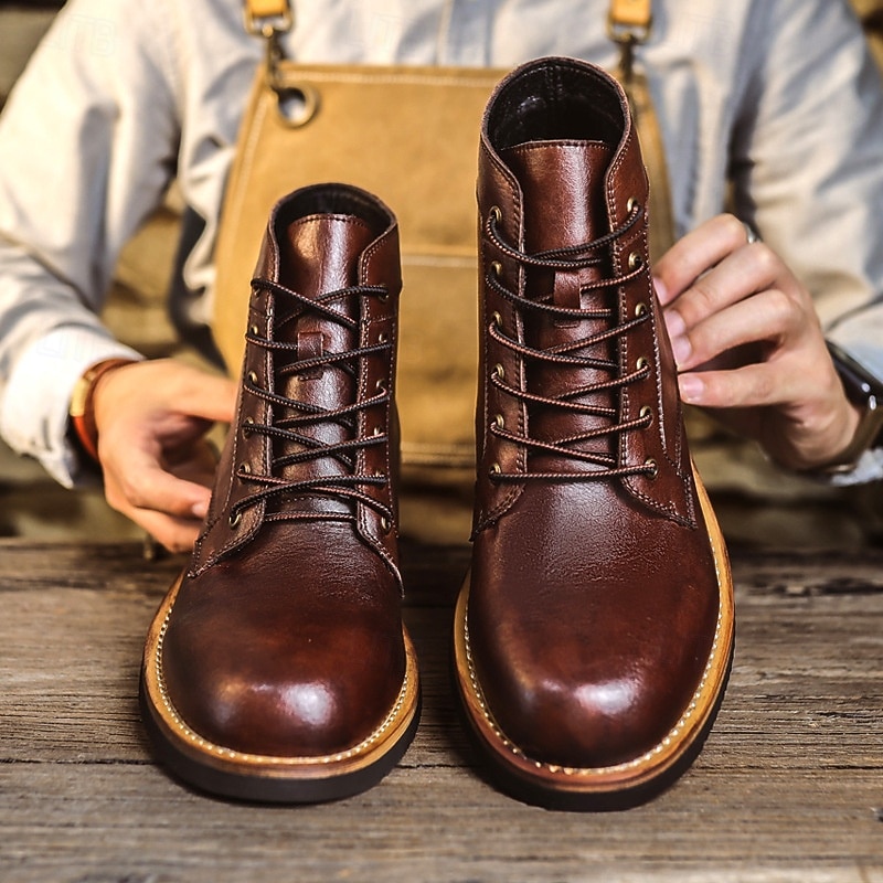 Men's Vintage Brown Lace-Up Combat Boots with Sturdy Sole, Retro Casual Workwear Style for Outdoor Adventures and Daily Fashion4