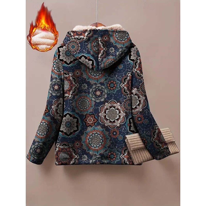 Women's Zip Up Hoodies Floral Graphic Geometric Warm Active Vintage Long Sleeve Hooded Regular Tops Home Work Party Evening Wear Print Dark Blue Spring Fall Winter2