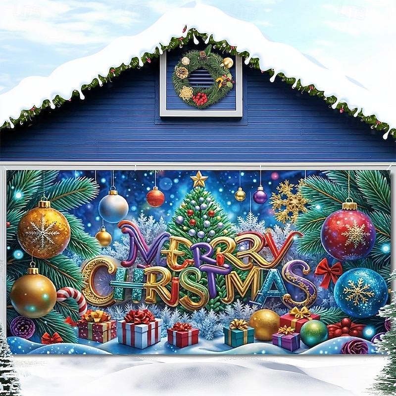 Christmas Garage Door Cover 2025 Xmas Ornaments Baubles and Snowflakes Merry Christmas Banner, Holiday Outdoor Garage Backdrop for Yard Party Decoration