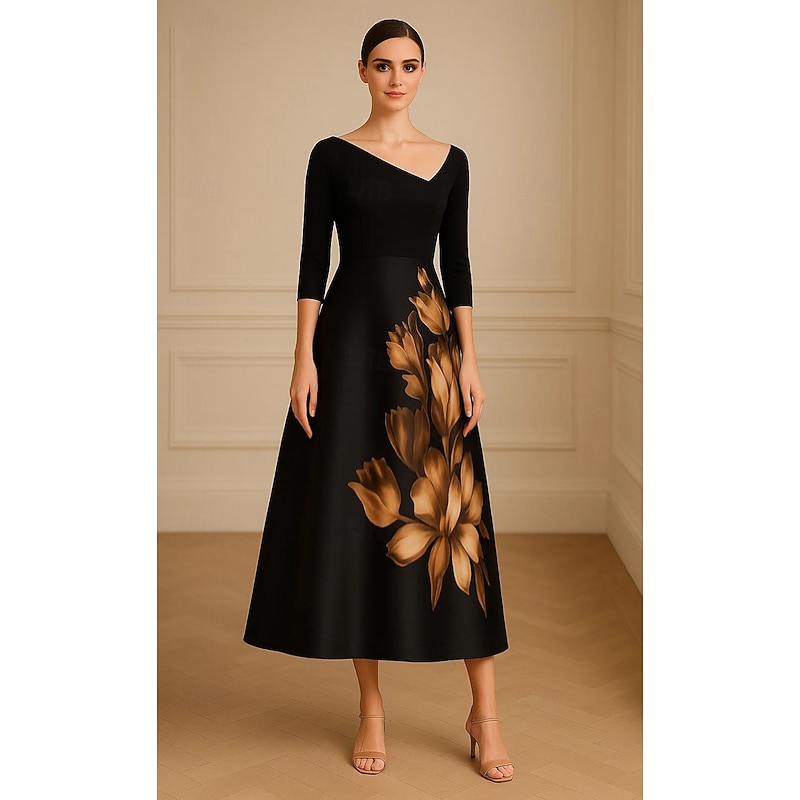 Black Floral Print Mother of the Bride A-Line Cocktail Dresses Stretch Crepe Elegant Formal Dress Formal Wedding Tea Length 3/4 Length Sleeve V Neck Satin