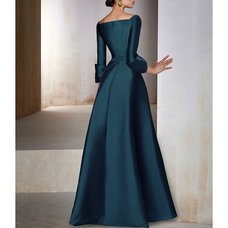 A-Line Evening Gown Elegant Dress Formal Wedding Guest Floor Length 3/4 Length Sleeve V Neck Satin with Bow(s)2