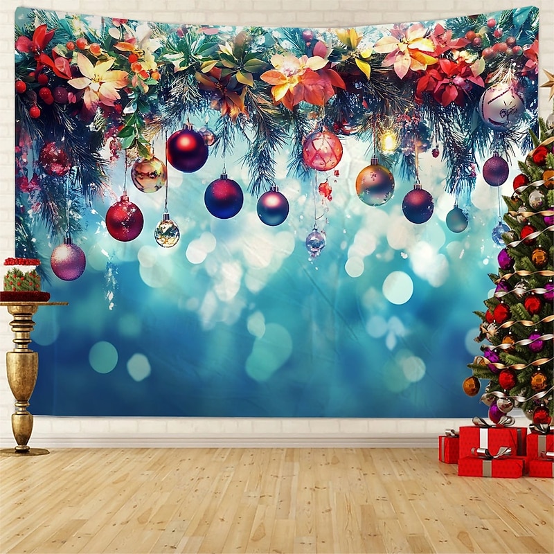 Chrismas Hanging Tapestry Christmas Ornament Balls Festive Holiday Background Light Bulbs Neon Lights Large Wall Art Mural Decor Blanket Curtain Home Bedroom Living Room Seasonal Decoration3