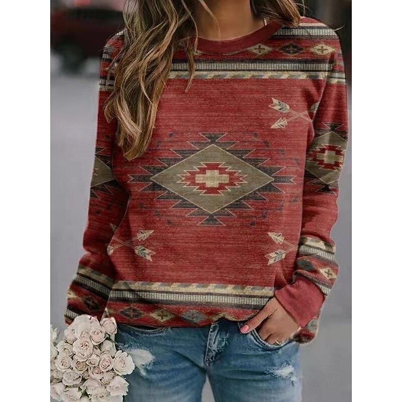 Women's Pullover Sweatshirt Hoodies Graphic Geometric Fashion Casual Long Sleeve Crew Neck Regular Tops Street Dailywear Casual Print Wine Fall Winter